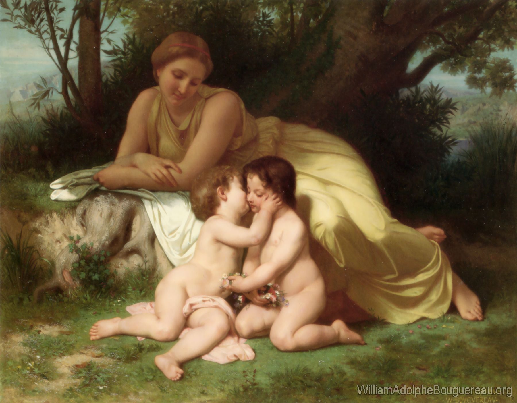 Jeune femme contemplant deux enfants qui s'embrassent , Young woman contemplating two embracing children